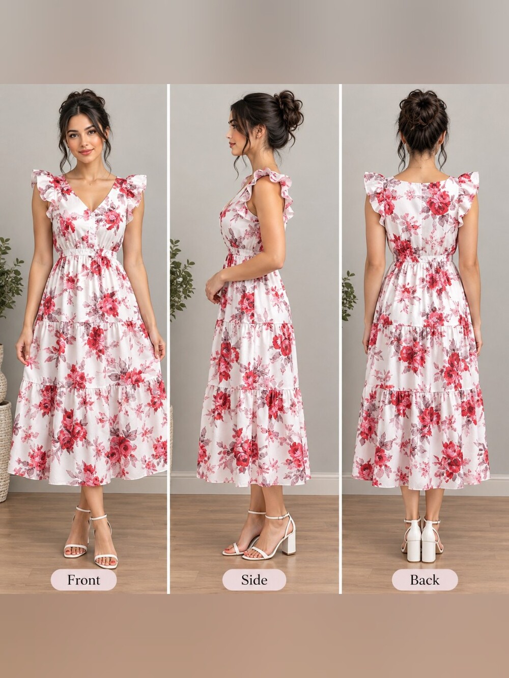 Floral Ruffle Midi Dress in White and Pink